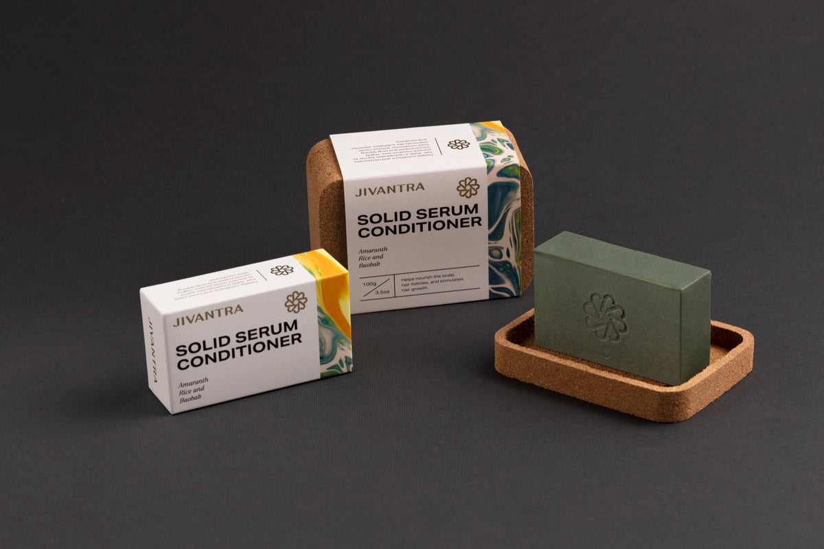 JIVANTRA Solid Serum Conditioner bar with packaging and cork case