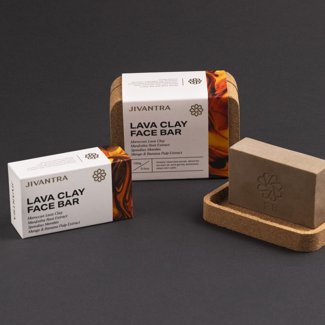 JIVANTRA Lava Clay Face Bar with packaging and cork case