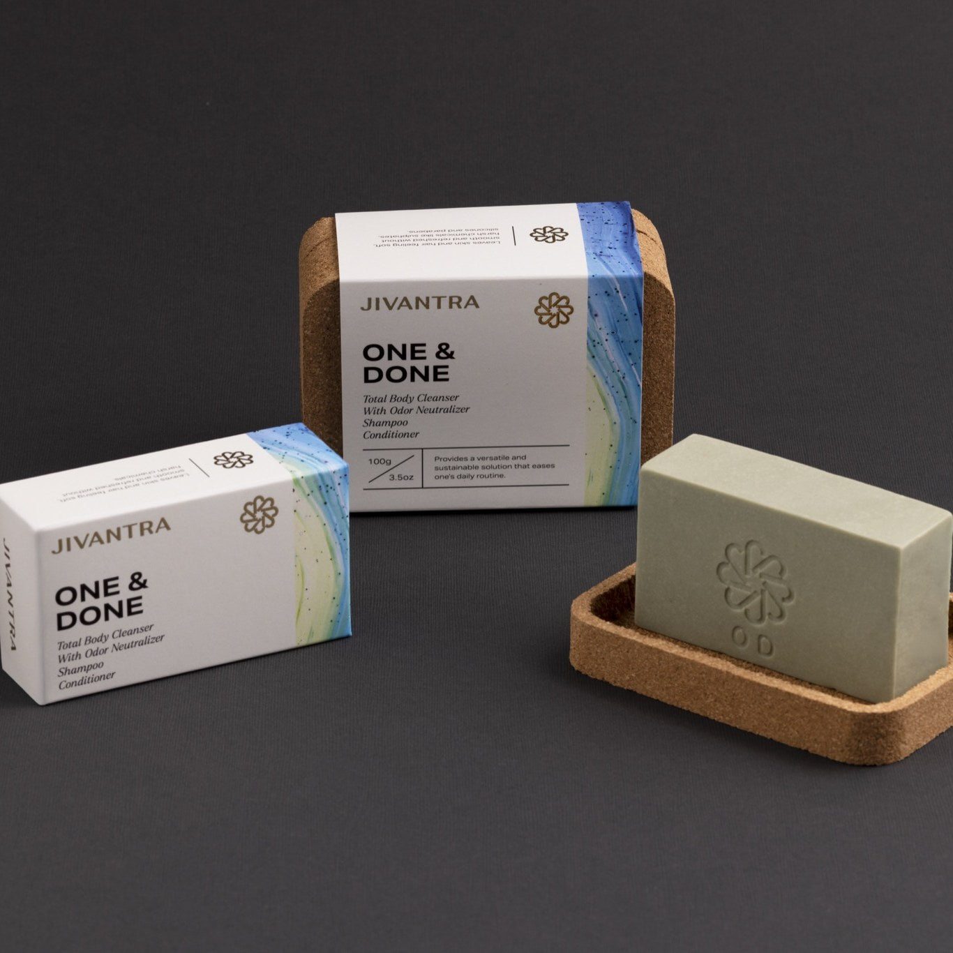 JIVANTRA One & Done odor neutralizing total body cleansing bar with cork case
