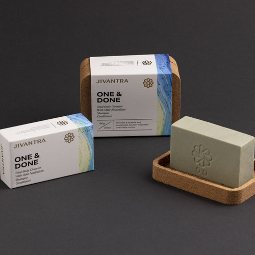 JIVANTRA One & Done odor neutralizing total body cleansing bar with cork case