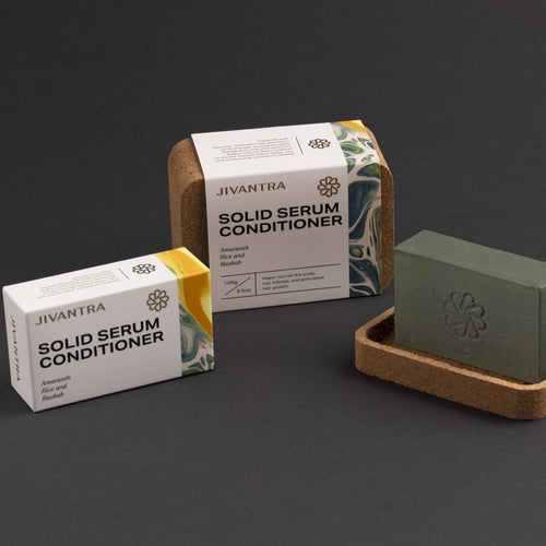 JIVANTRA Solid Serum Conditioner bar with packaging and cork case
