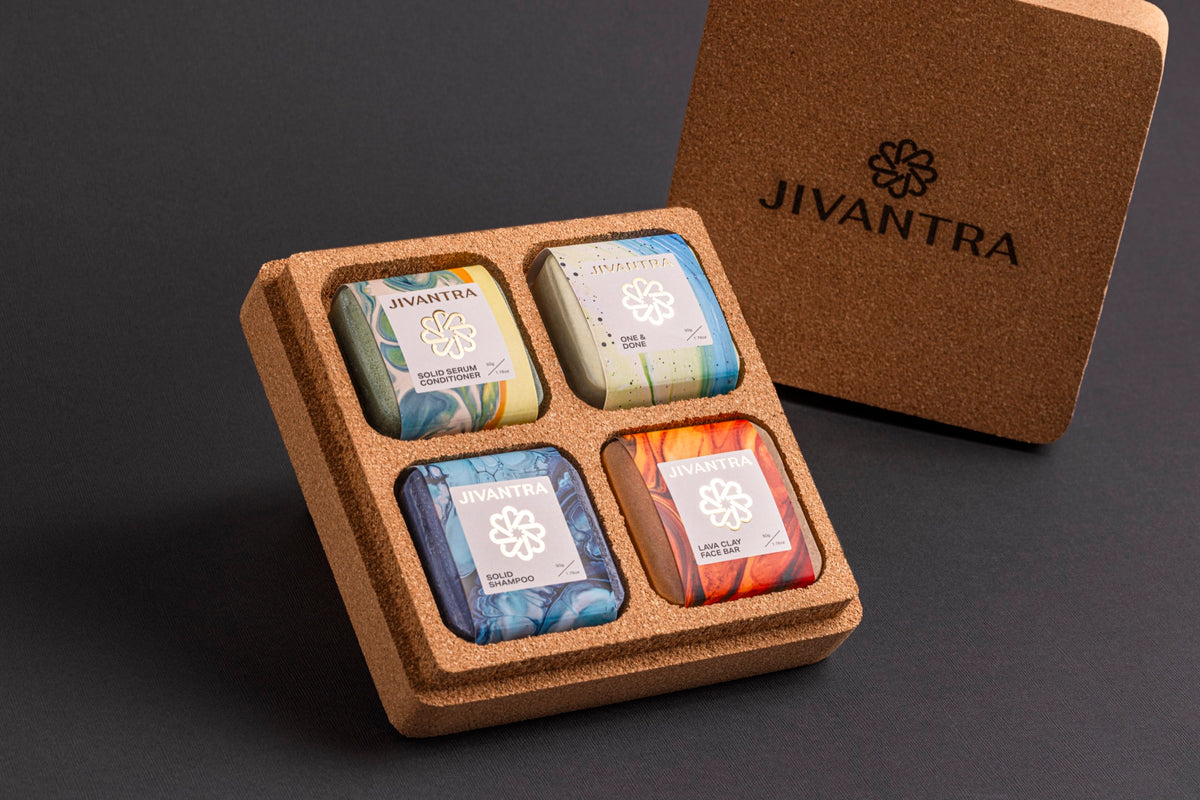 JIVANTRA Travel & Gift Pack — four 50g bars in a cork case